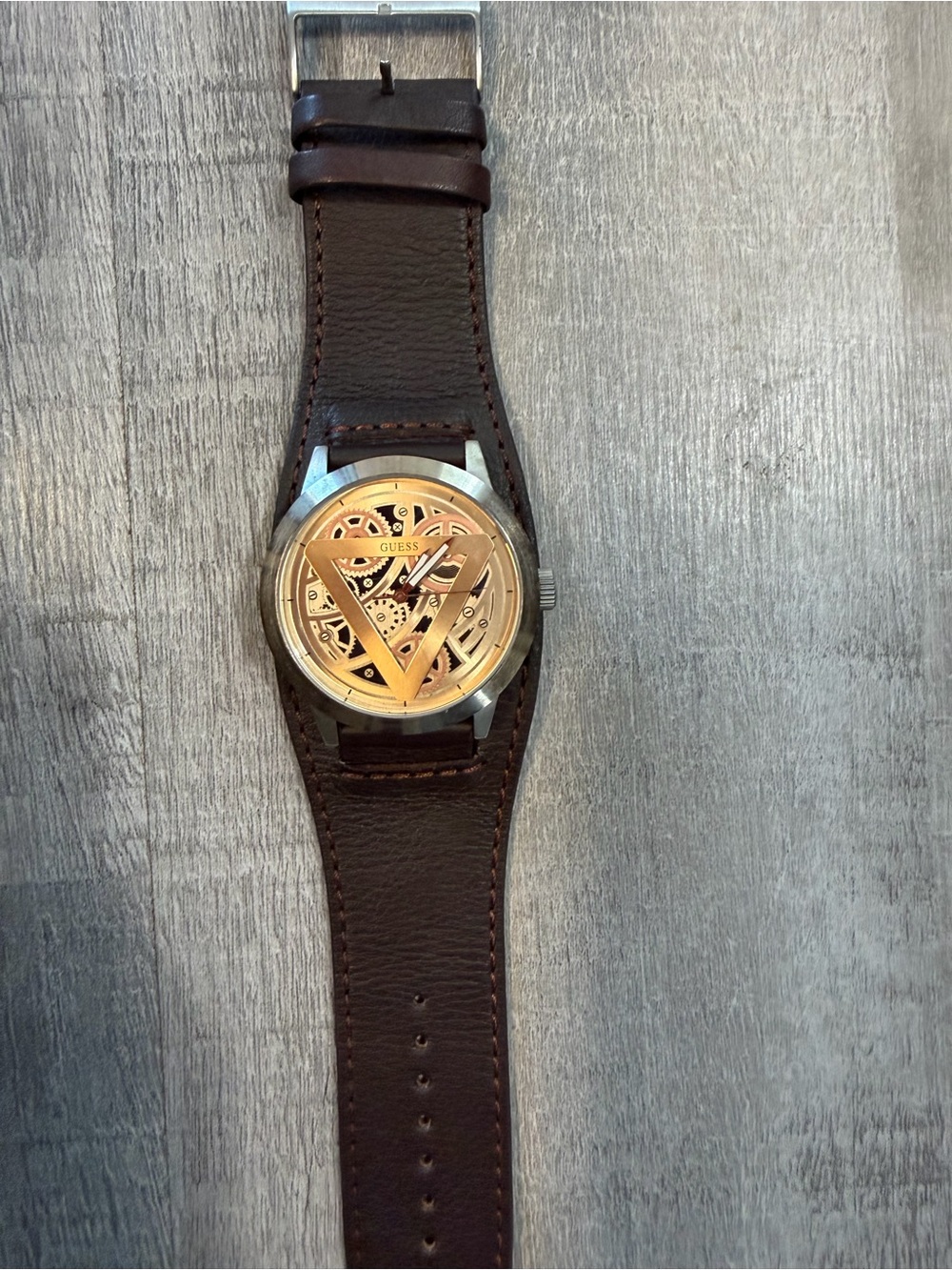 GUESS Men’s Skeleton-Style Watch Rose Gold Dial Brown Genuine Leather Band
